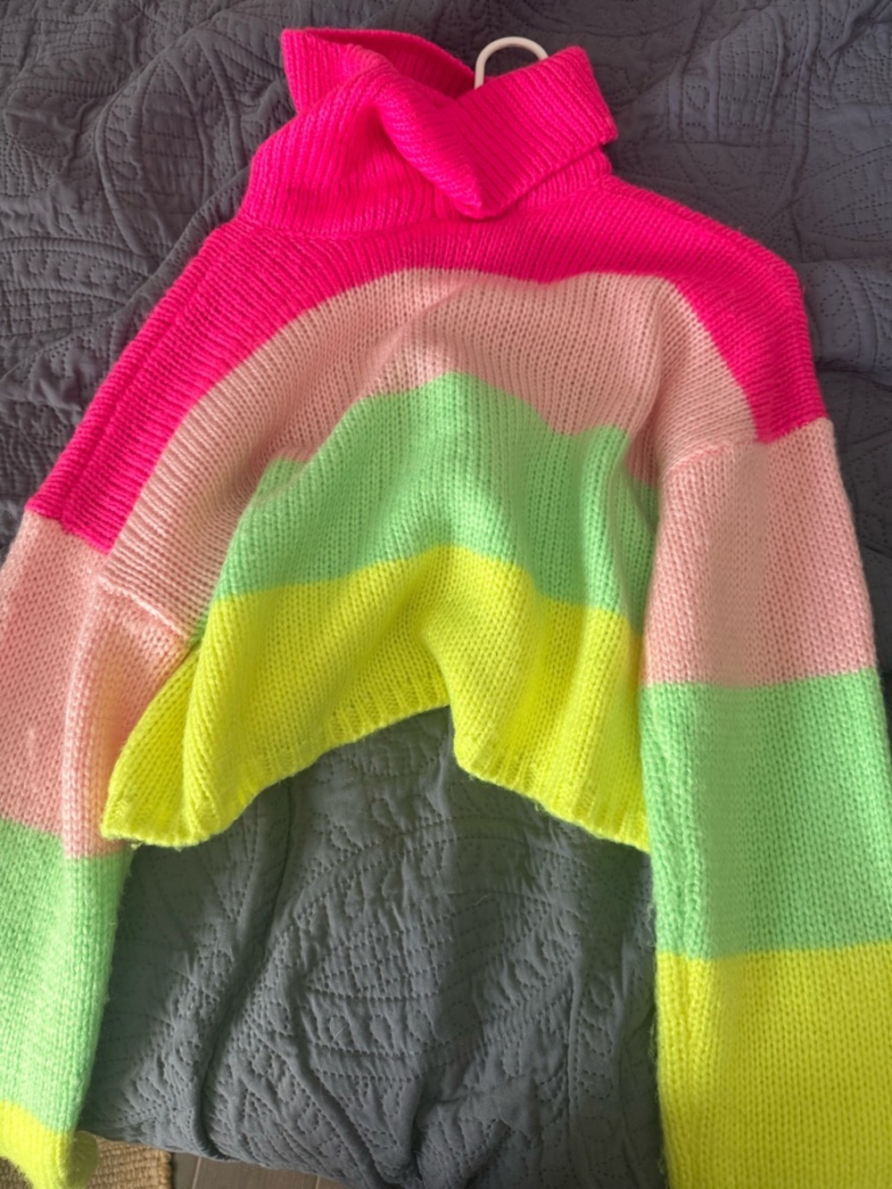 Bright Multi-Color Turtleneck Knit Sweater - Pink, Lime & Yellow